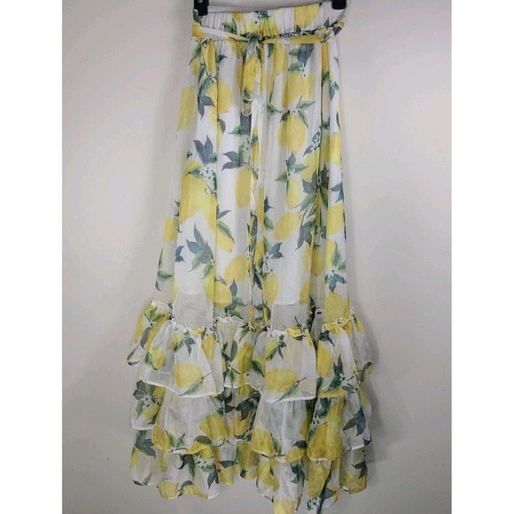 MASA USA Women's Maxi Skirt Size M Lemon Print Ruffle Hem 40" Long EUC - Picture 1 of 5